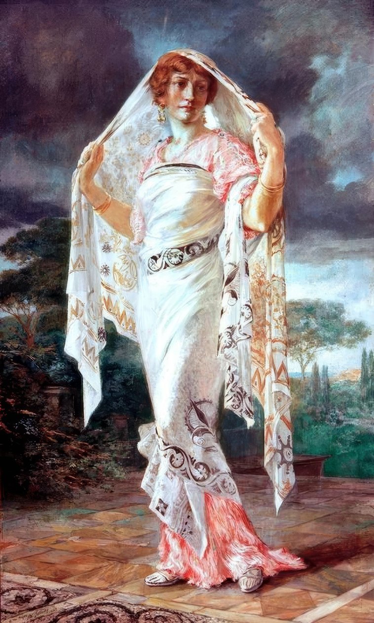 Portræt af Henriette Fortuny i pompejansk klædedragt af Mariano Fortuny y Madrazo