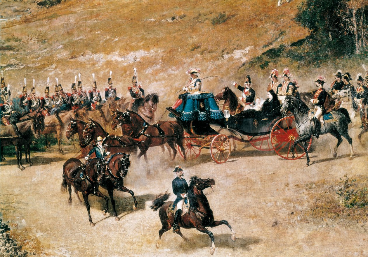 Dronning María Cristina og hendes datter, Isabel II, gennemgår artilleribatterierne, der forsvarer Madrid i 1837, detaljer, ca. 1866 (olie på lærred) af Mariano José María Bernardo Fortuny y Carbó