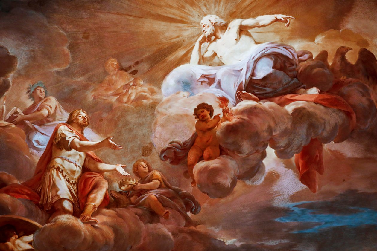 Romulus bliver budt velkommen i Olympus af Jupiter. Detalje af "Apotheosis of Romulus" 1775 -1779, fresco af Mariano Rossi