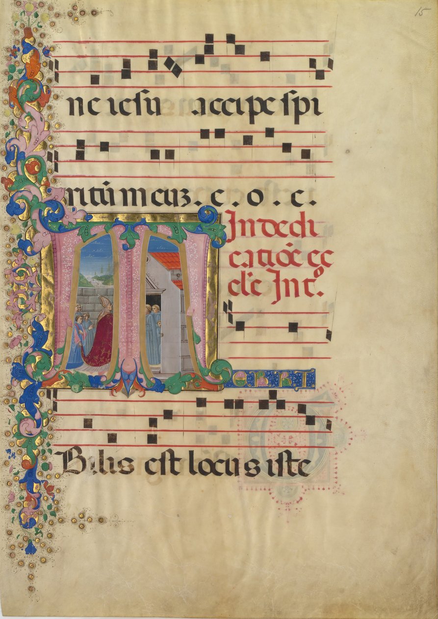 Manuskriptblad med Indvielse af en Kirke i et begyndelses-T, fra en Gradual, 2. Halvdel 15. Aarh. af Mariano del Buono