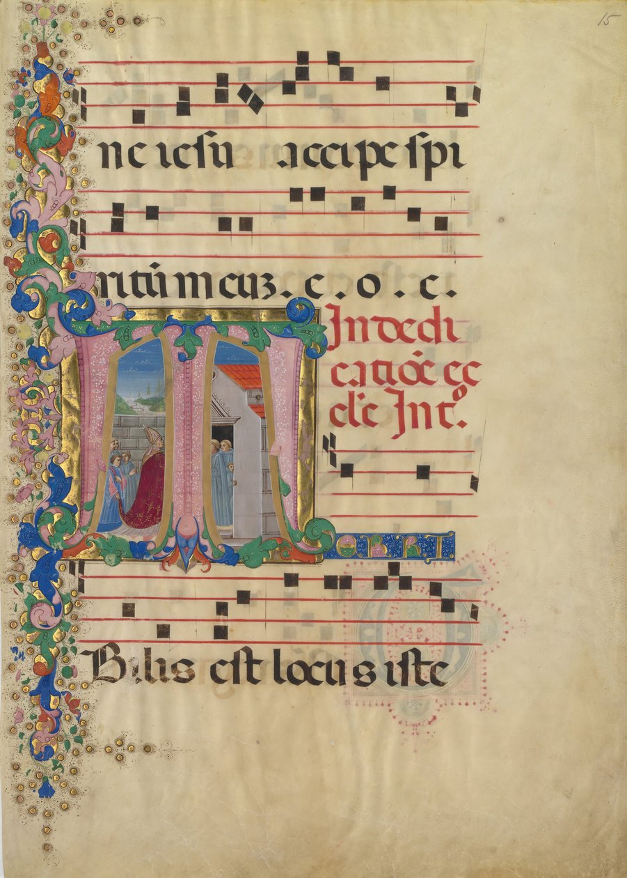 Manuskriptblad med indvielse af en kirke i et indledende T, fra en gradvis, anden halvdel 15. af Mariano del Buono