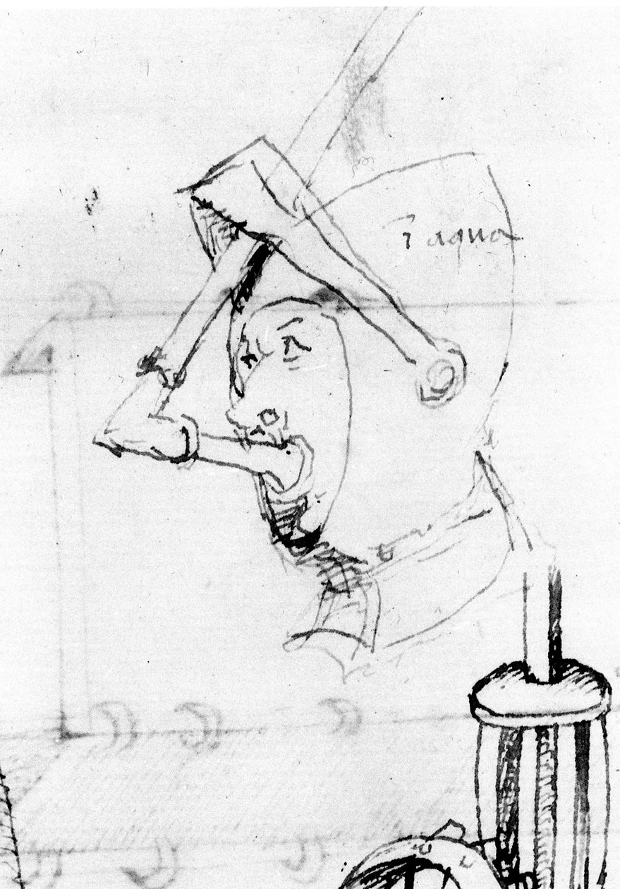 Tegning, der viser forvandlingen af en hjelm til en undervandsmaske. Visiret bruges til at holde åndedrætsslangen - i "" De Ingeneis"" af Mariano di Jacopo, sagde Il Taccola fra det 15. århundrede. af Mariano di  Jacopo 