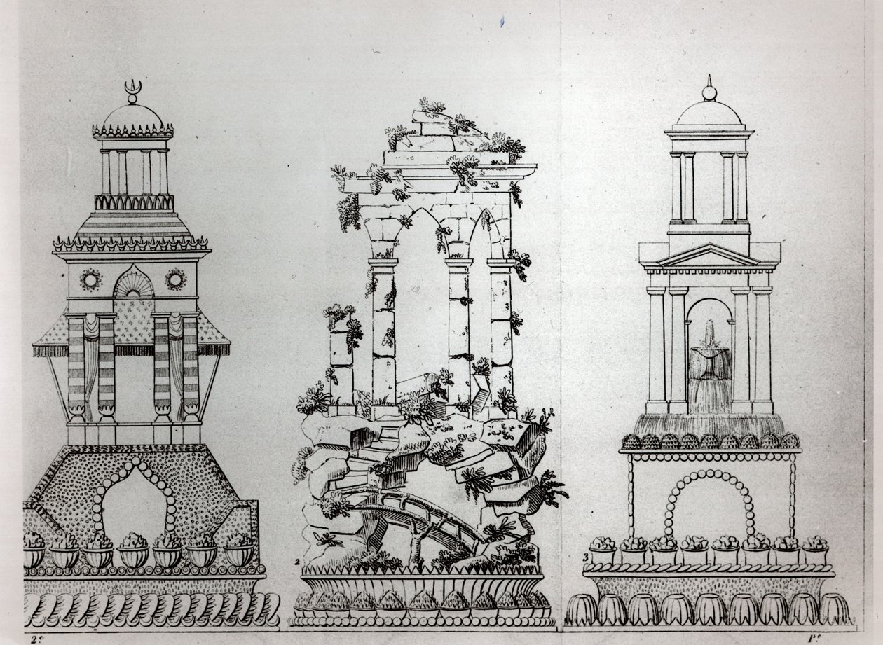 Tegninger til dekoration af kager fra "Le Patissier Royal parisien" af Careme, plade 28, Leipzig og Paris, udgivet 1854 af Marie Antoine Careme