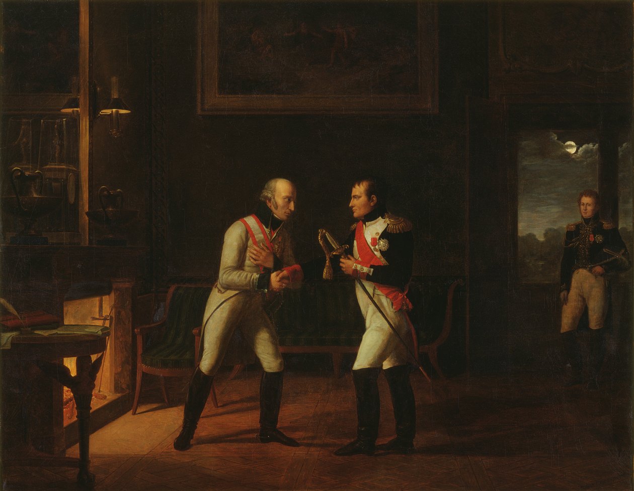 Møde mellem Napoleon Bonaparte (1769-1821) og ærkehertug Charles (1771-1847) af Østrig i Stammersdorf, 17. december 1808 af Marie Nicolas Ponce Camus