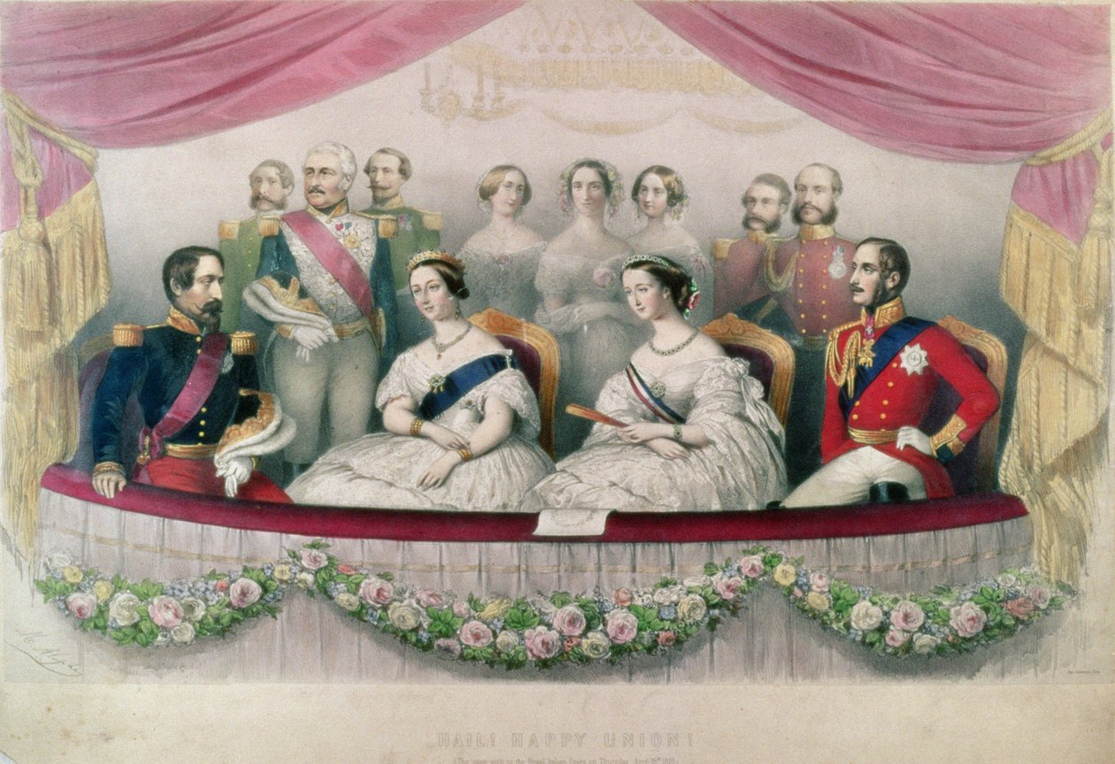 Hail Happy Union, statsbesøget i den kongelige italienske opera af dronning Victoria, prins Albert og kejseren og kejserinden af Frankrig, 1855 af Marie Alexandre Alophe