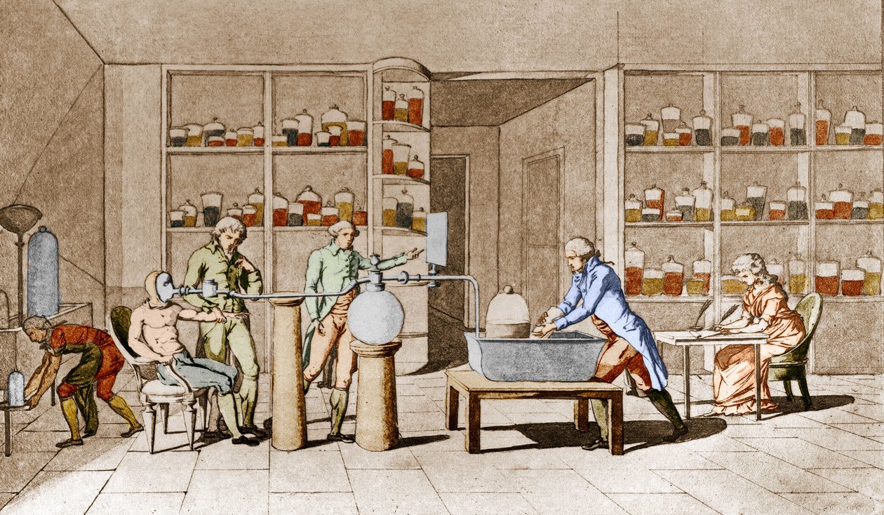 Antoine Laurent de Lavoisier (1743-1794), fransk kemiker, har en erfaring med vejrtrækningen hos mennesker i hvile. Fra tegningen af Mme Lavoisier.Paris 1700-tallet. Leemage samling af Marie Anne Pierrette Lavoisier