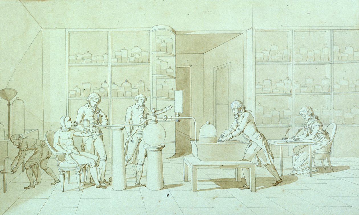 Antoine Lavoisier (1743-94) og hans eksperimenter med respiration (pen og blæk og sepia vask på papir) af Marie Anne Pierrette Lavoisier
