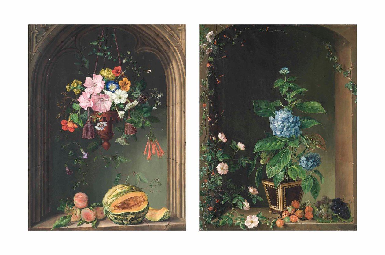 Nasturtiums, convolvulus, geranier, petuniaer og andre blomster i en æver ophængt under en bue over ferskner og en melon; og Hortensia, roser, vedbend, druer og andre blomster i en bue (olie på lærred) af Marie Auersperg