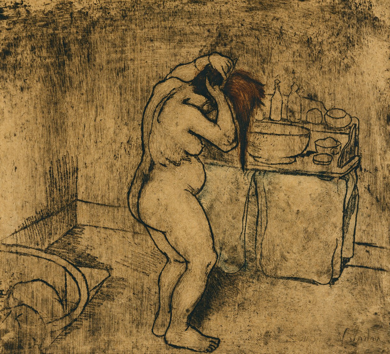 Catherine nøgen kæmmer sit hår; Catherine nøgen hår, 1895 af Marie Clementine Valadon