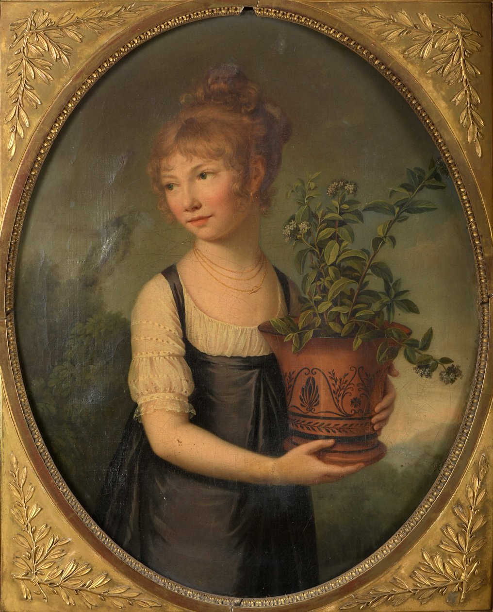Madame Larsonnier, født Edmée Gabiou som en lille pige med en etruskisk vase. af Marie Elisabeth Lemoine