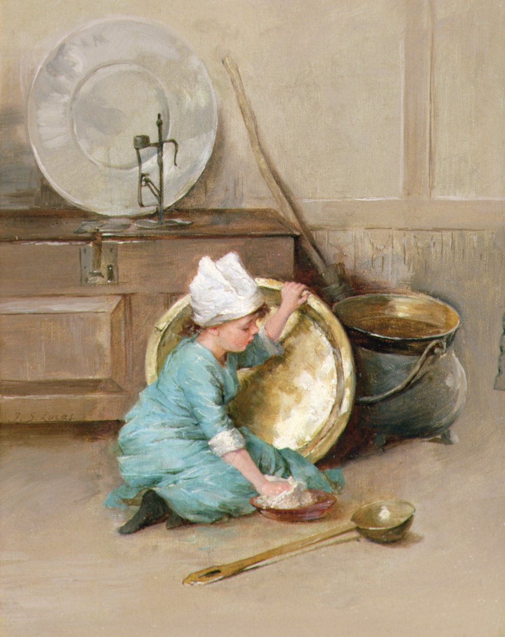 Polering af messing, ca. 1900 (olie på panel) af Marie Elizabeth Seymour Lucas