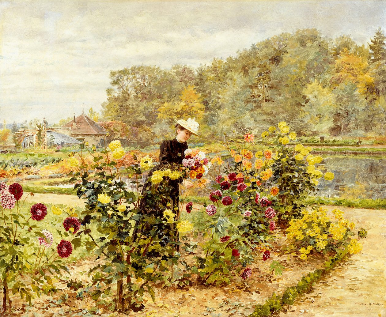 En elegant kvinde i en rosenhave, af Marie Francois Firmin Girard