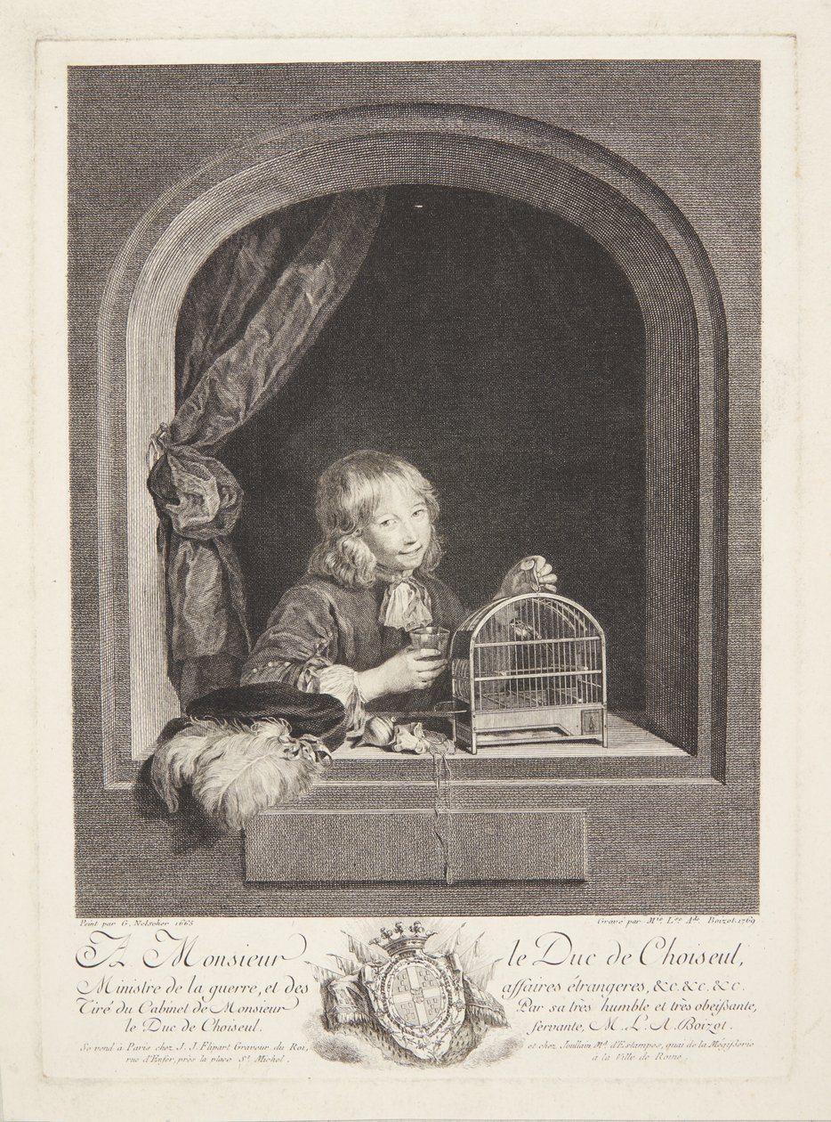 En dreng med et fuglebur i et vindue af Marie Louise Adélaïde Boizot