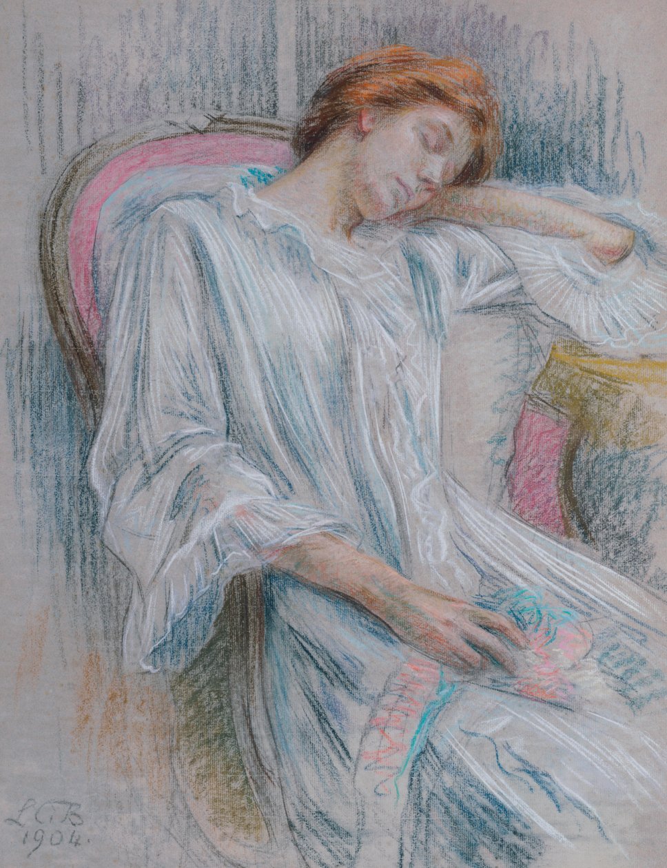 En ung kvinde sover i en stol af Marie Louise Catherine Breslau