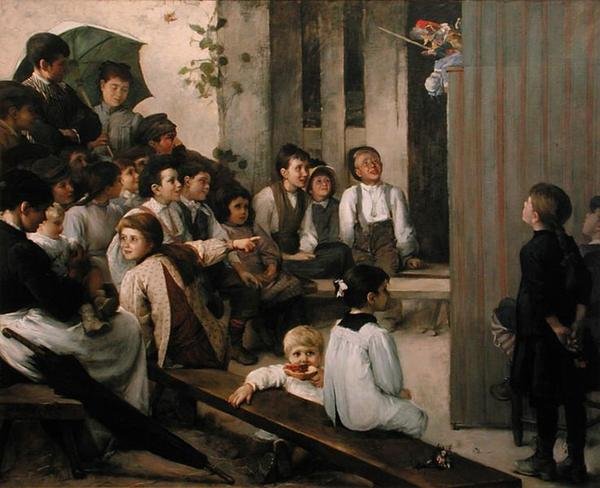 Guignol i landsbyen (olie på lærred) af Marie Mrs Dujardin Beaumetz Petiet