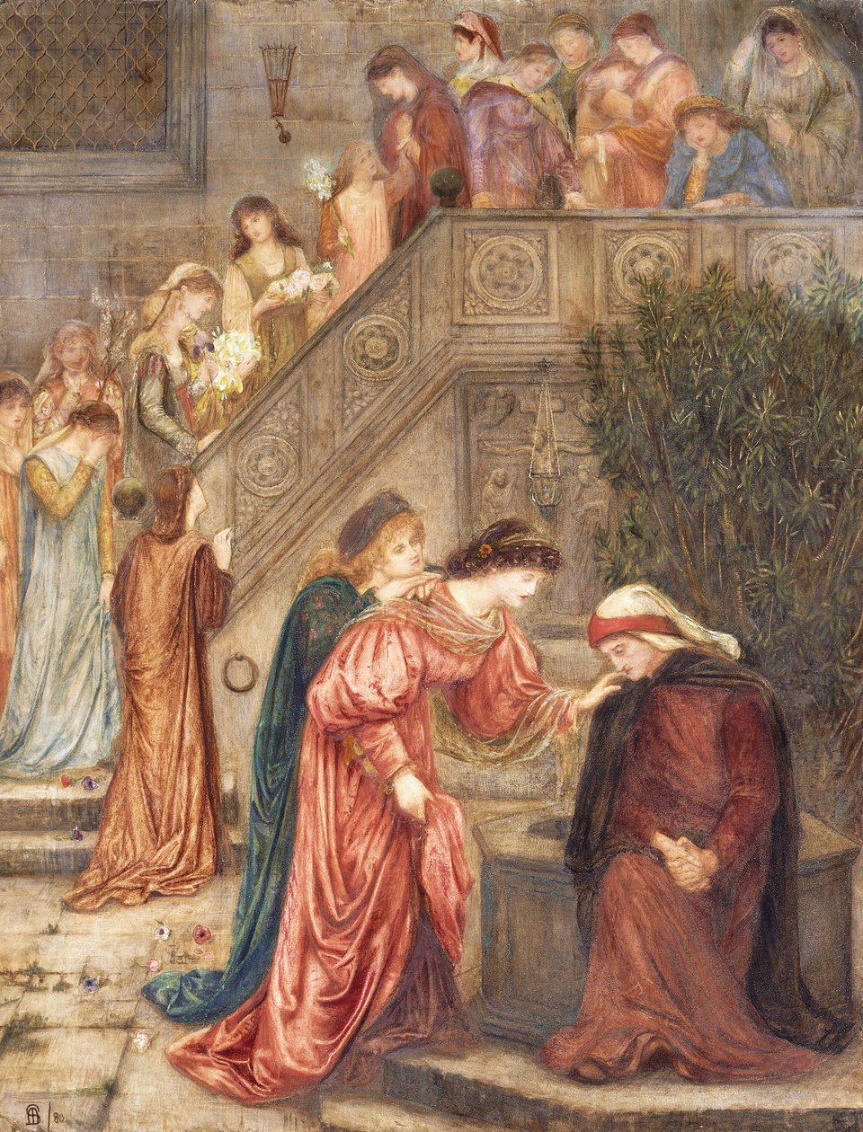 Visse damer i hendes kammeratskab samledes sammen med Beatrice, da hun holdt alene i sin gråd, og da de gik ind og ud, ville jeg høre dem tale om hende." af Marie Spartali Stillman