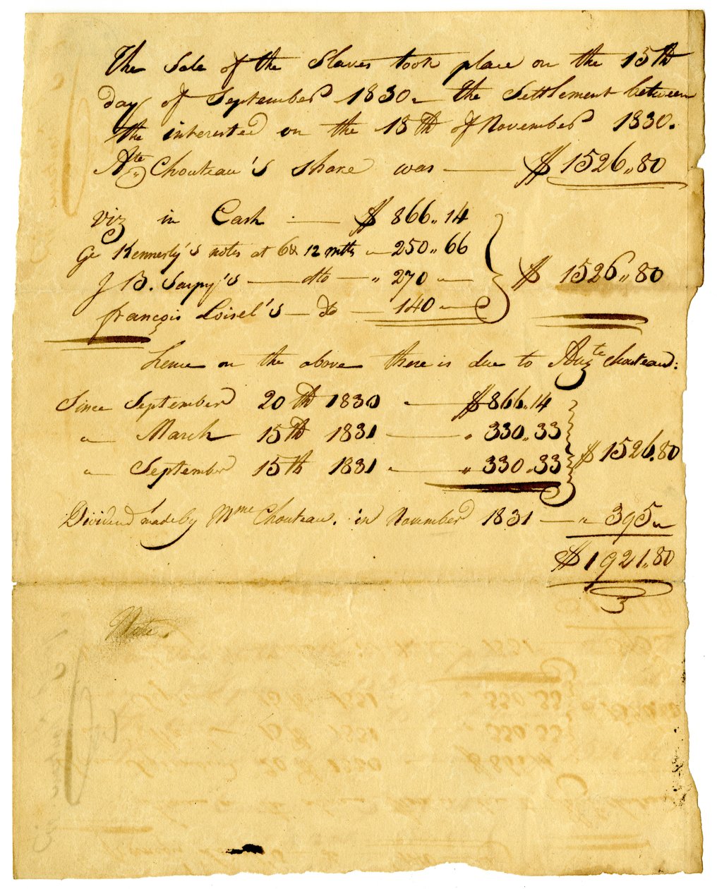 Dokument vedrørende salg af slaver og andel til forskellige personer, november 1831 af Marie Therese Cerre Chouteau