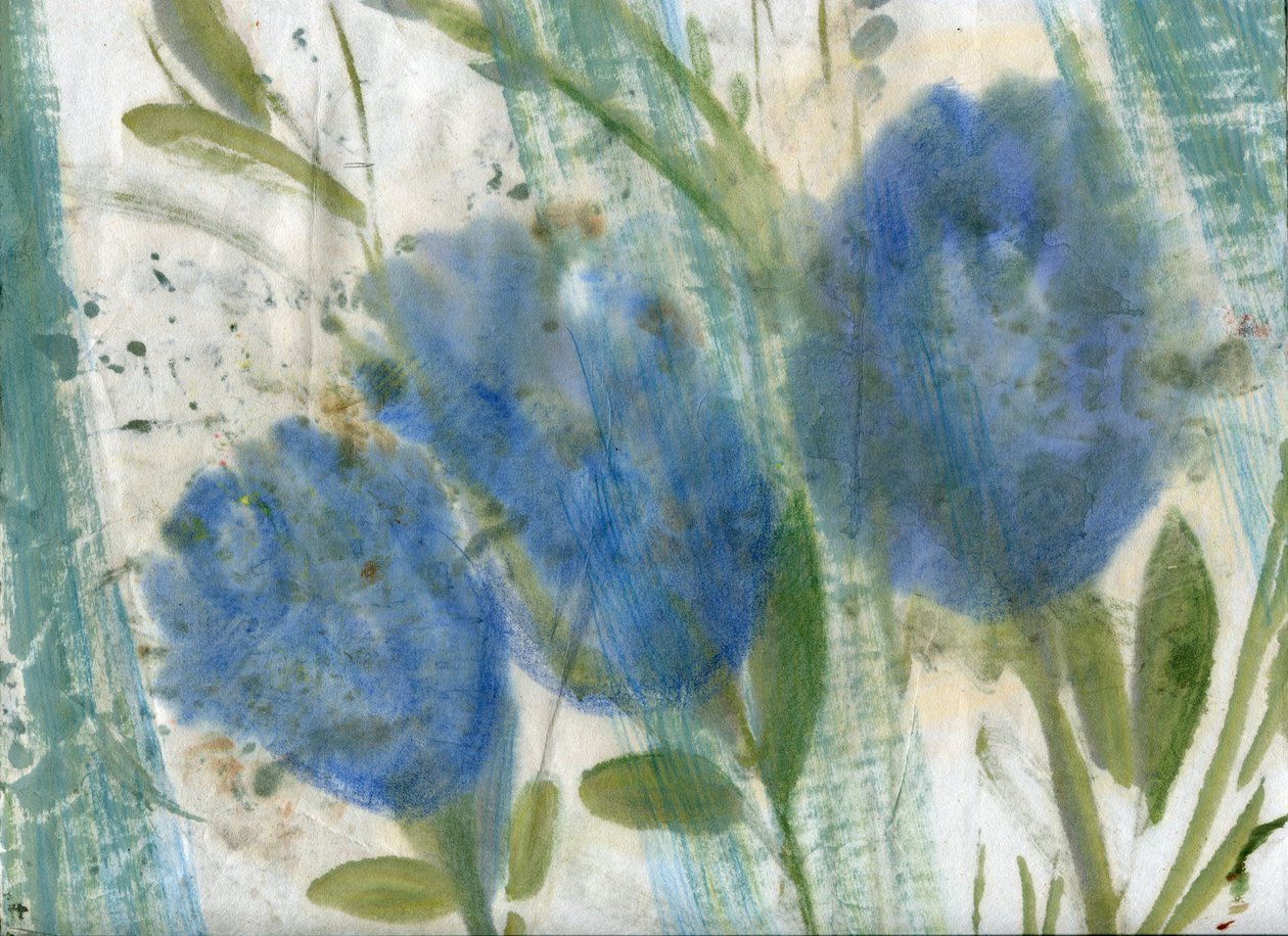 Blå blomster, 2020 (blandet medie på A4-papir) af Marina Falco