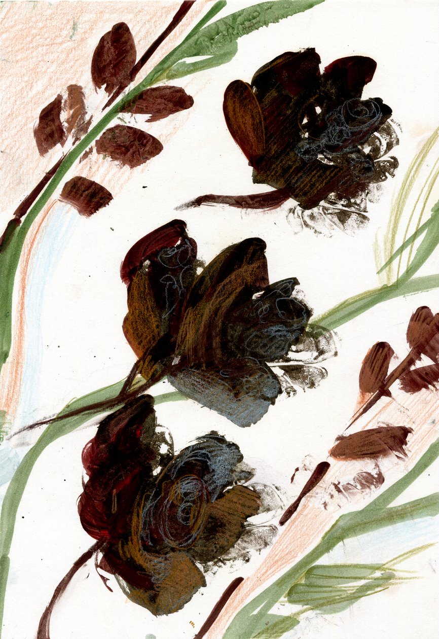 Tørrede blomster, 2020 (olie og blandede medier på A4-papir) af Marina Falco