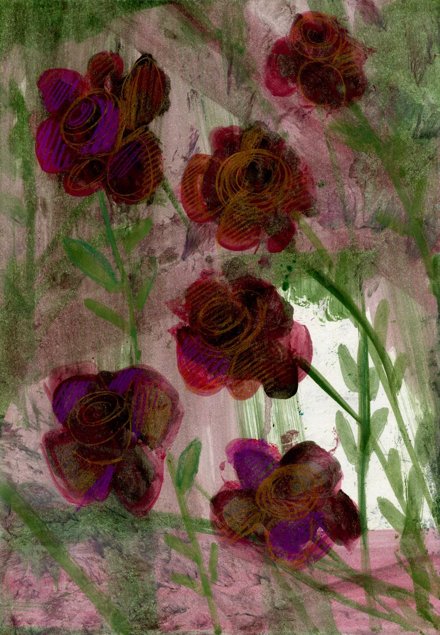 Blomster, 2020 (olie og blandede medier på A4-papir) af Marina Falco
