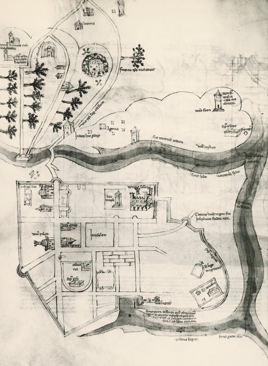 Kort over Jerusalem, fra Korsets troendes hemmeligheder (Liber Secretorum Fidelium Crucis) af Marino the Elder (after) Sanuto