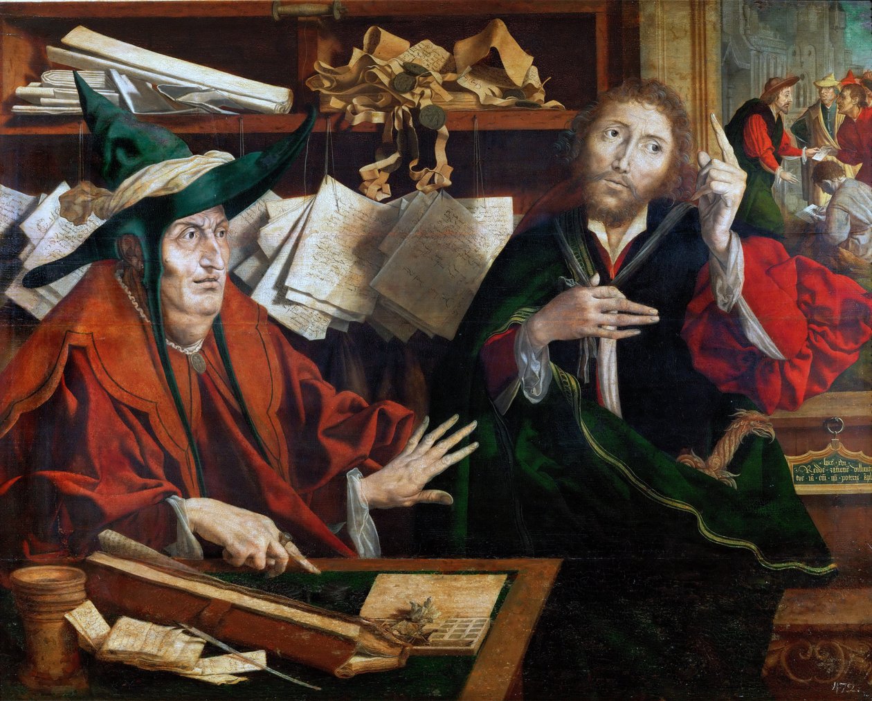 La parabole du gerant malhonnete - Lignelsen om den uretfærdige forvalter, af Reymerswaele, Marinus Claesz, van (ca. 1490-efter 1567). Olie på træ, ca. 1540. Mål: 77x96,5 cm. Kunsthistorisk museum, Vienne af Marinus van Reymerswaele