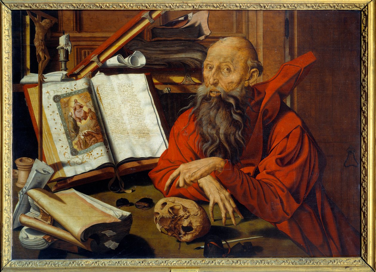Saint Jerome Meditant - Maleri (Vanita) af Marinus Claeszoon van Reymerswaele (1493 - 1567) Ec. Hol. af Marinus van Reymerswaele