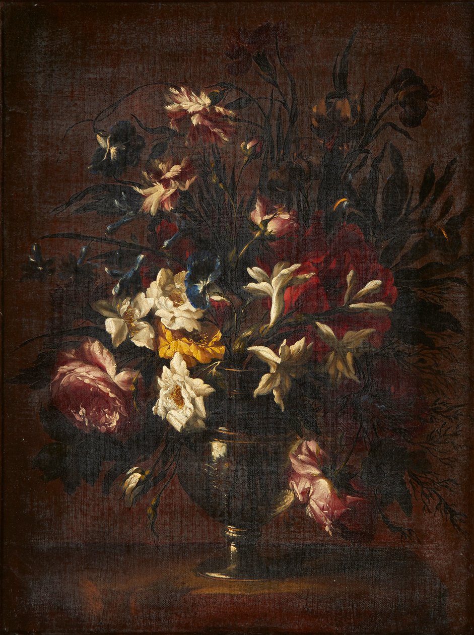 Et stilleben af blomster i en glasvase (olie på lærred) af Mario (attr.to) Nuzzi