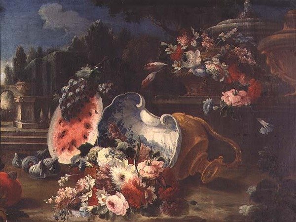 Stilleben, blandede blomster og frugt nær et springvand af Mario (follower of) Nuzzi