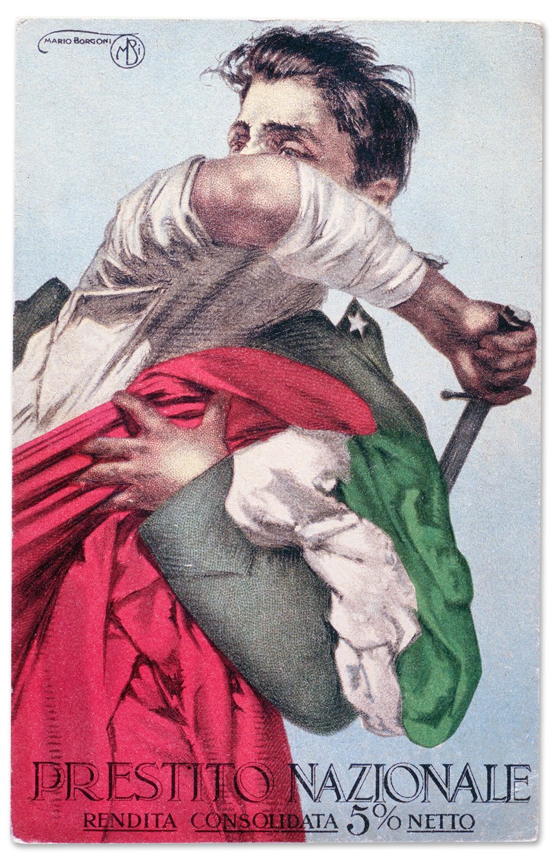 En italiensk soldat forsvarer trikoloren med trukket sværd. Propagandapostkort for det nationale lån, ca. 1915-18 (postkort) af Mario Borgoni