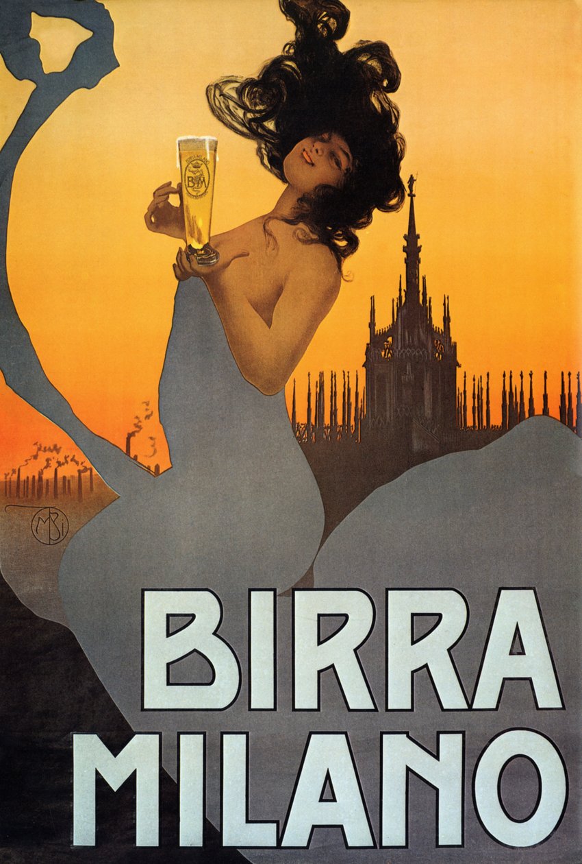 Plakat reklame Birra Milano, Italien, ca. 1900 (farve litho) af Mario Borgoni