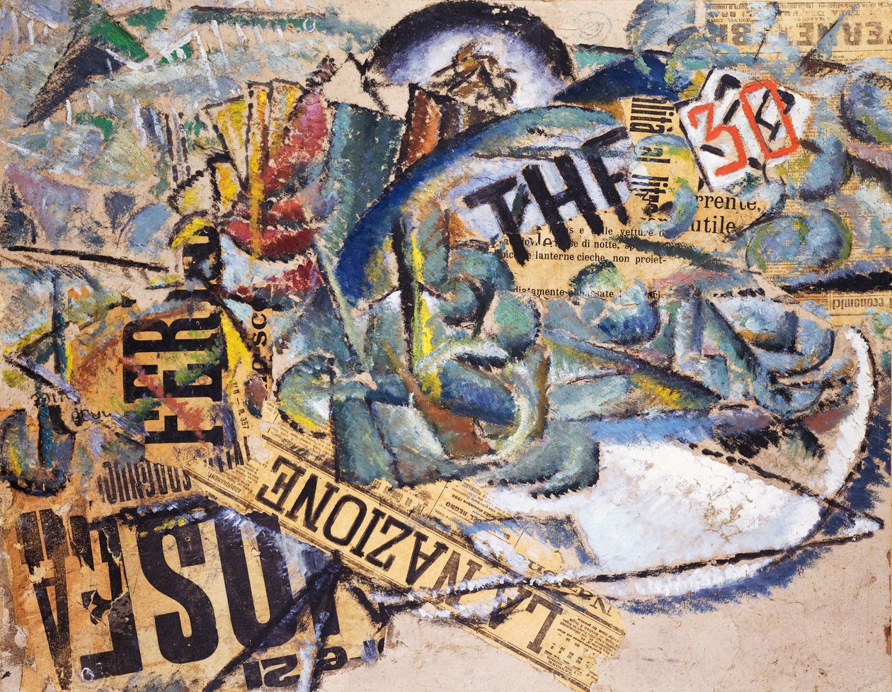 The Nation, af Mario Nannini (1895-1918), olie og collage på pap, 65x51 cm. Italien, 20. århundrede. af Mario Nannini