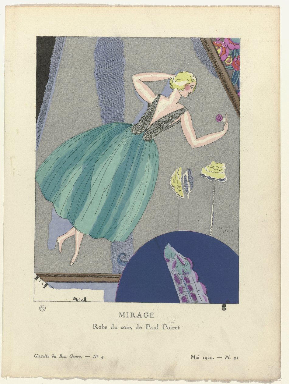 Gazette du Bon Ton, 1920 - nr. 4, Pl. 31: Mirage. / Aftenkjole, af Paul Poiret. (titel på objekt) af Mario Simon