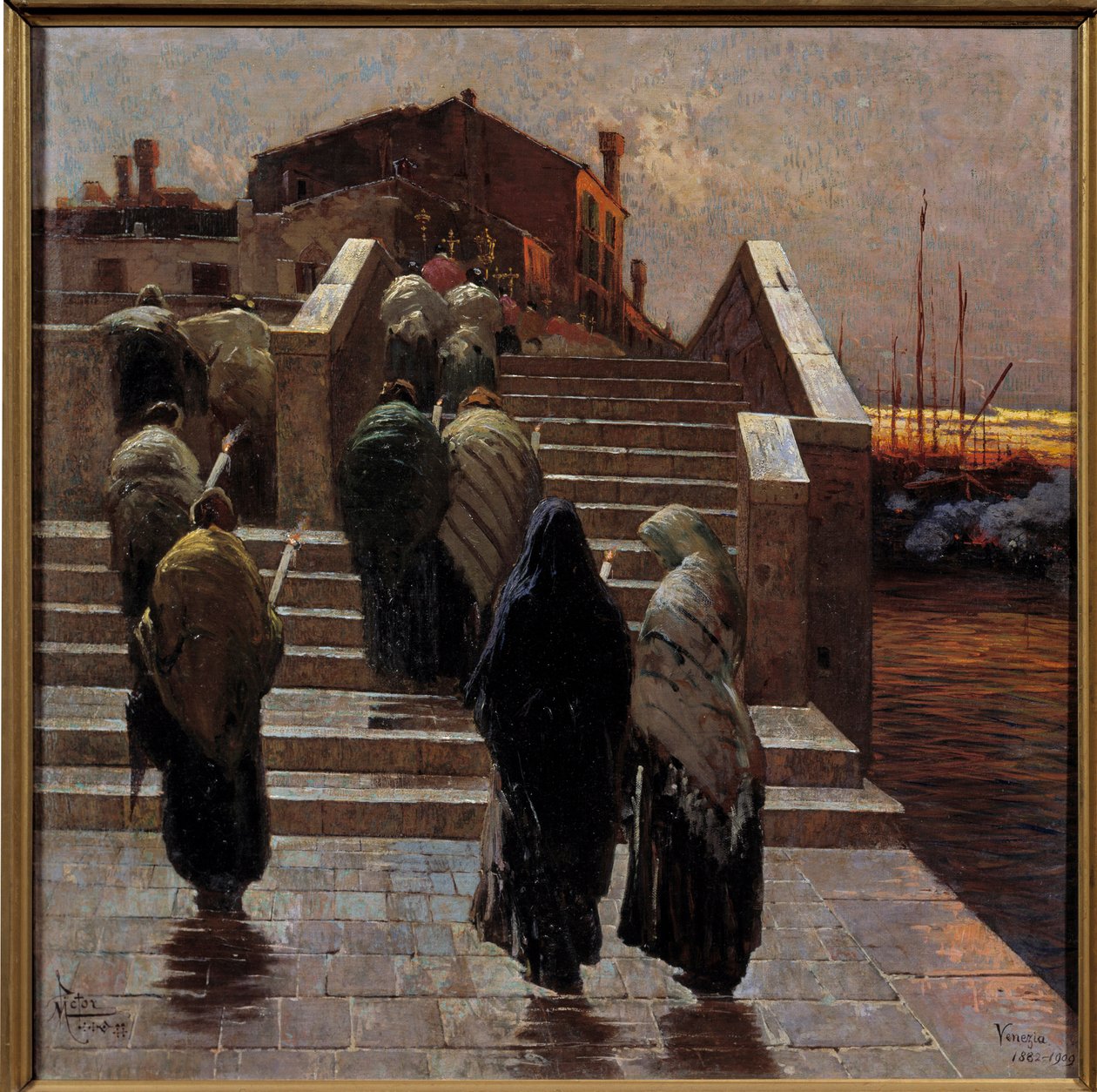 Rød aften, håb om godt vejr Kvindeoptog (sorg?) Krydser en flod - Maleri af Mario De Maria (Marius Pictor) (1853-1924) 1882 Søn 0,7x0,69 m Paris, Musee d