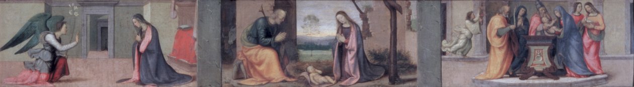 Bebudelsen; Fødselen; Præsentationen i templet, predella panel til The Visitation of St. Elizabeth to the Madonna, 1503 (panel) (se også 50335) af Mariotto Albertinelli