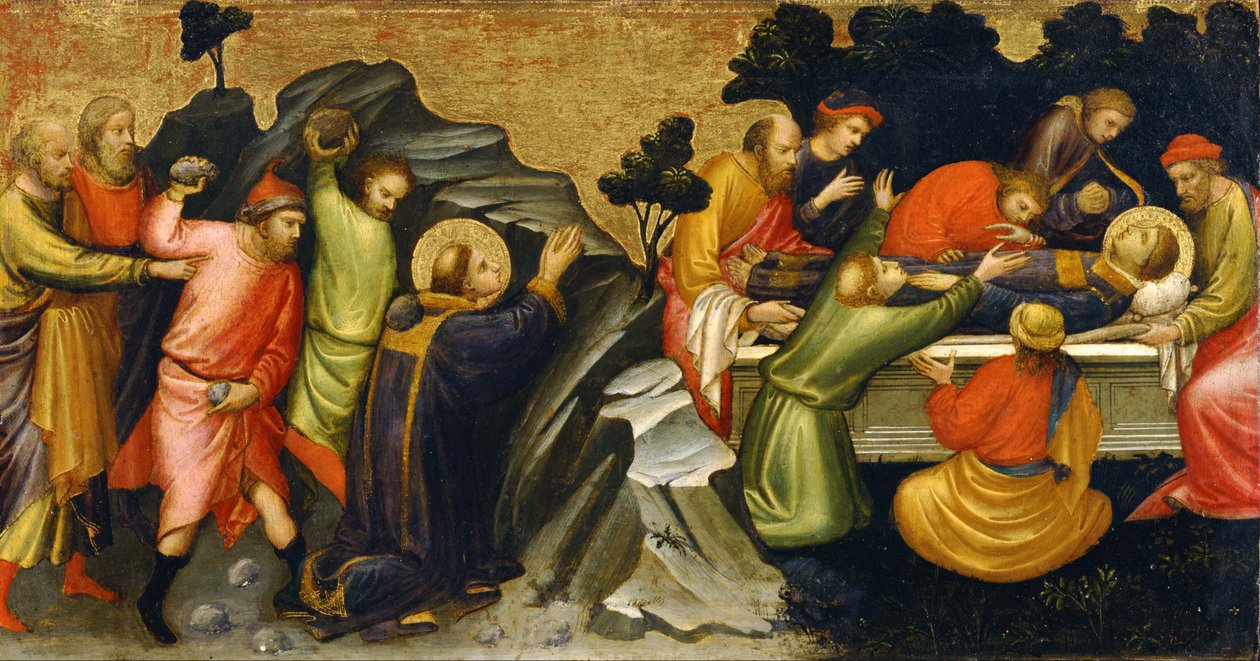 Japansk: n:: n Predella -panel, der repræsenterer legenden om St. Stephen: Stening af St. Stephen Begravelsen af St. Stephen af Mariotto di Nardo