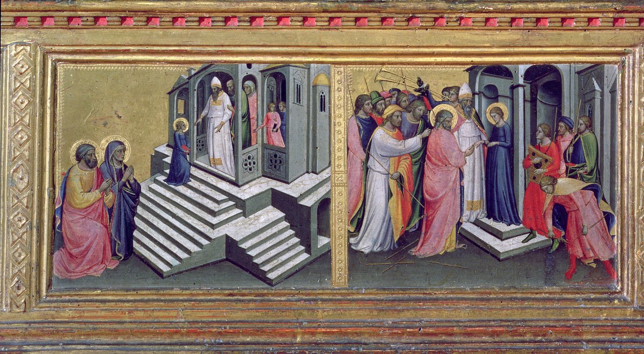 Madonna og barn med helgener, detalje af predellaen med fremstilling i templet og jomfruens bryllup tempera på panel detalje af 80340 af Mariotto di Nardo