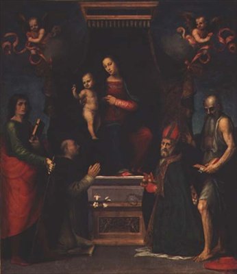 Madonna og barn med St. Julian, St. Dominic, St. Nicholas of Bari og St. Jerome af Mariotto Albertinelli