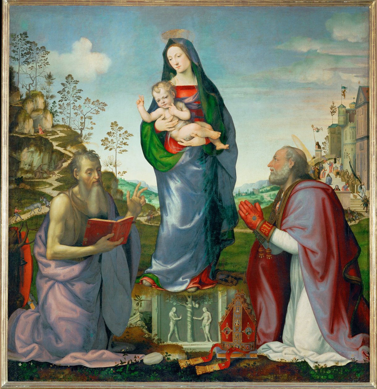 Sankt Hieronymus og Sankt Zenobe tilbeder Jesusbarnet ... af Mariotto Albertinelli