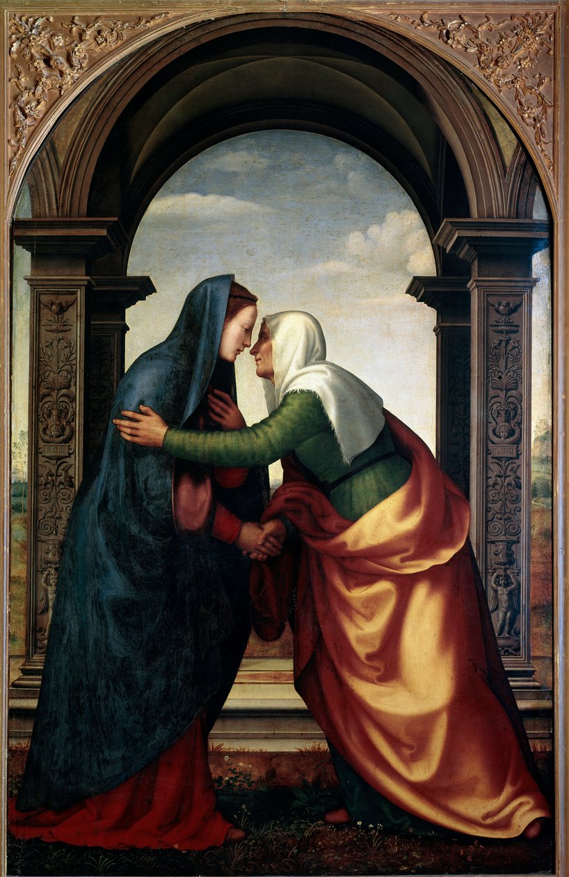 The Visitation of St. Elizabeth til Jomfru Maria (olie på panel af Mariotto Albertinelli