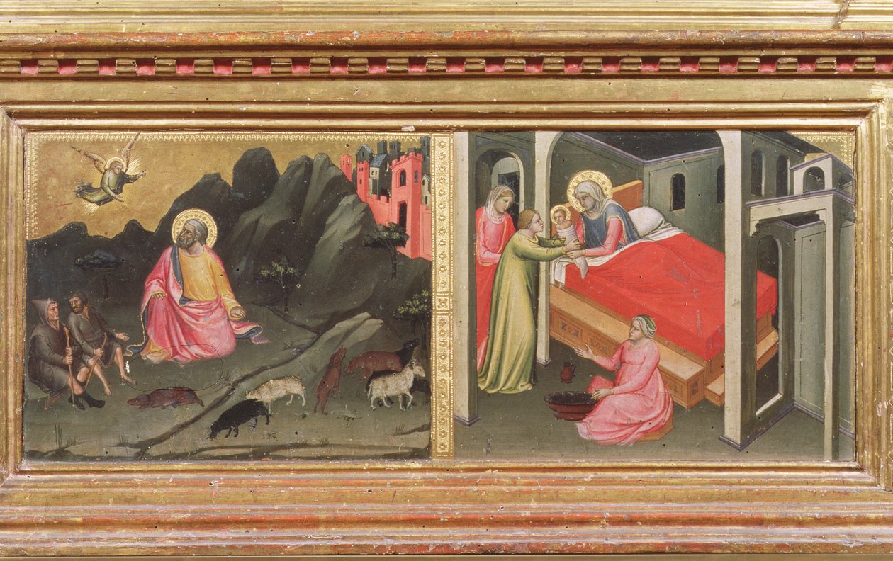 Madonna og barn med hellige, detalje fra predellaen, der skildrer bebudelsen til Joachim og Jomfrutemperaets fødsel på paneldetalje af 80340 af Mariotto di Nardo