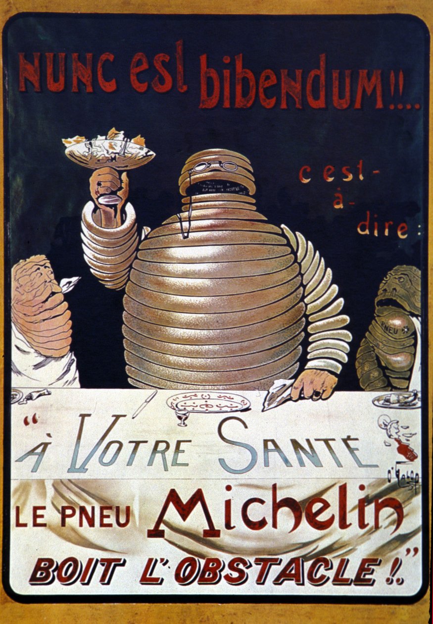 Reklameplakat Michelin-dæk: Nunc er en bibendum, Michelin-dækket drikker op ad forhindringen af Marius Rossillon