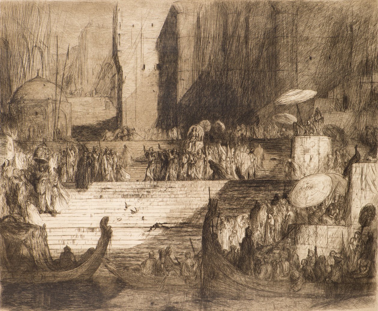 Begravelsesceremoni ved Ganges (radering) af Marius Alexander Jacques Bauer