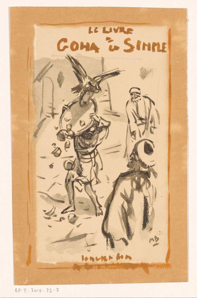 Mand med bakke angrebet af en rovfugl Le livre Goha le Simple (titel på objekt) af Marius Bauer (signed by artist)