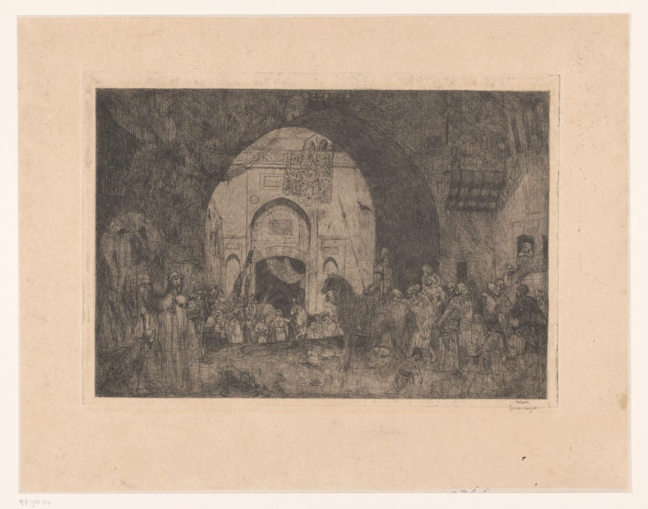 Østlige ryttere og folk ved en port af Marius Bauer (signed by artist)