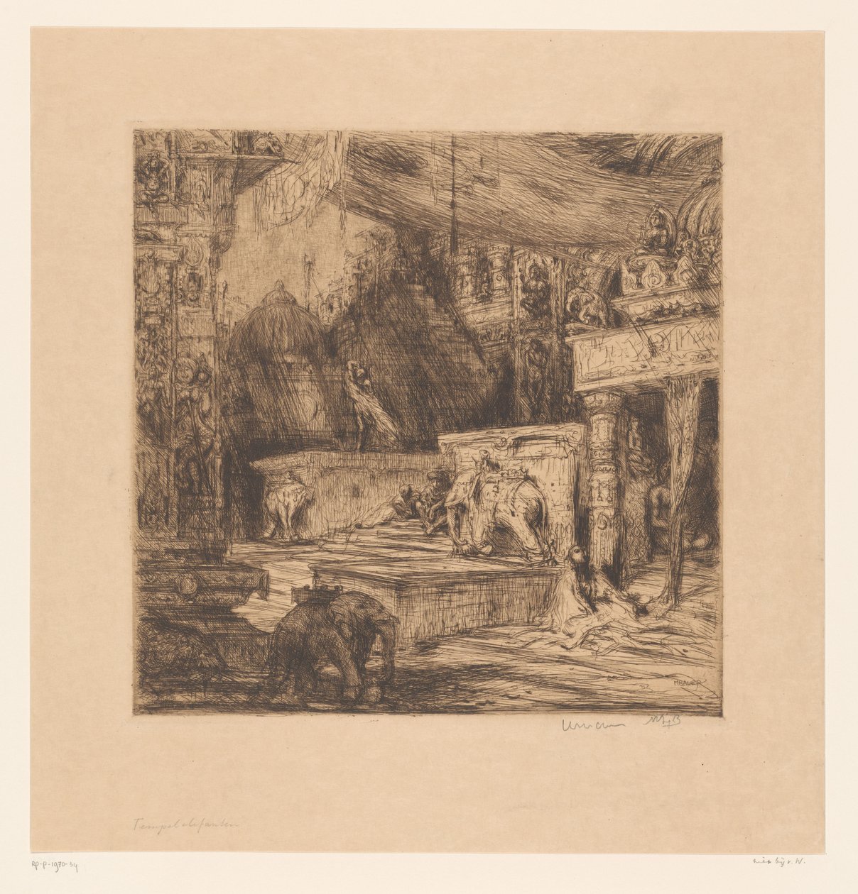 Elefanter og figurer ved et tempel Tempelelefanter (titel på objekt) af Marius Bauer