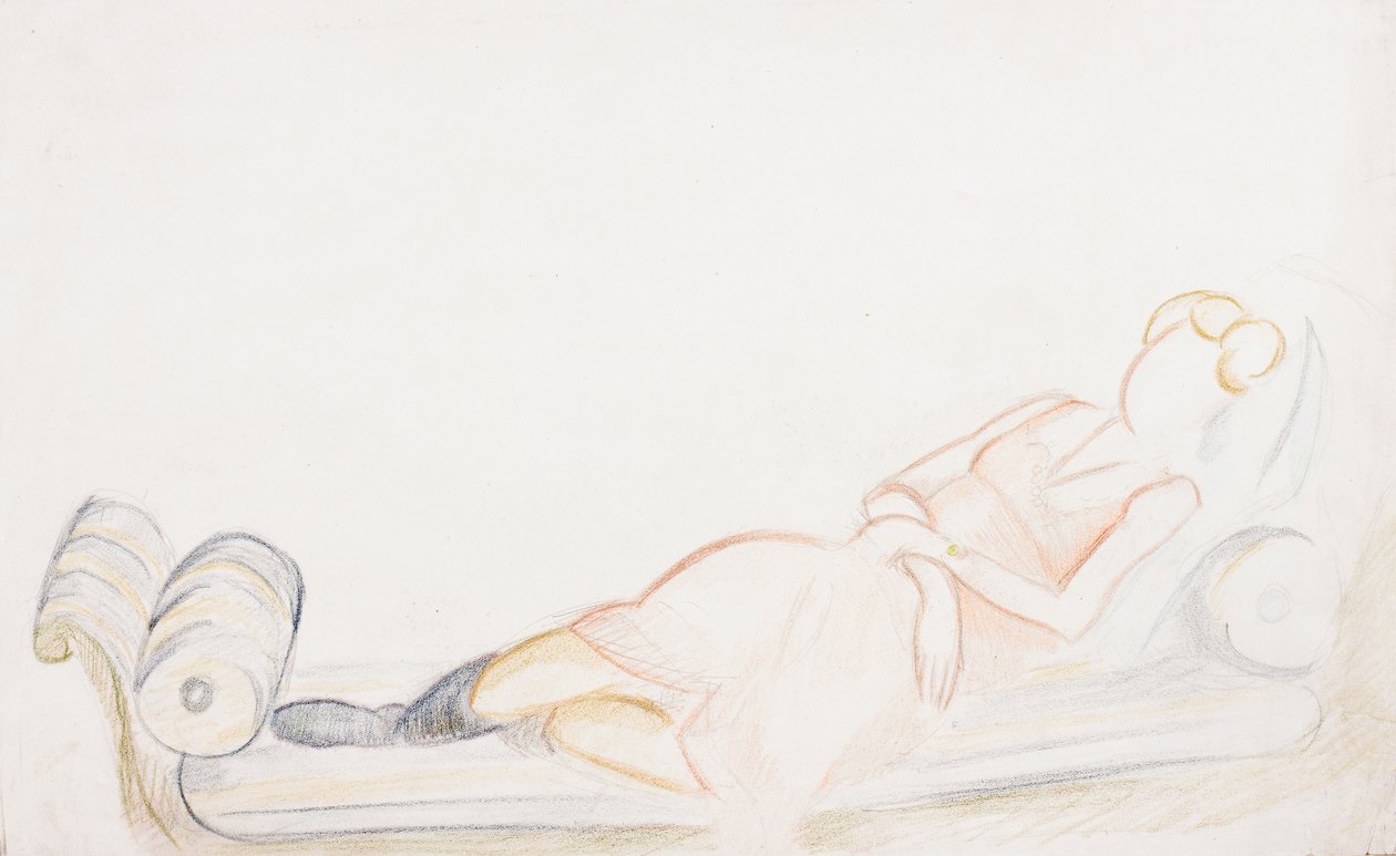 Christine Mavrogordato på en seng, ca. 1928 (blyant og farvekridt på papir) af Mark Gertler