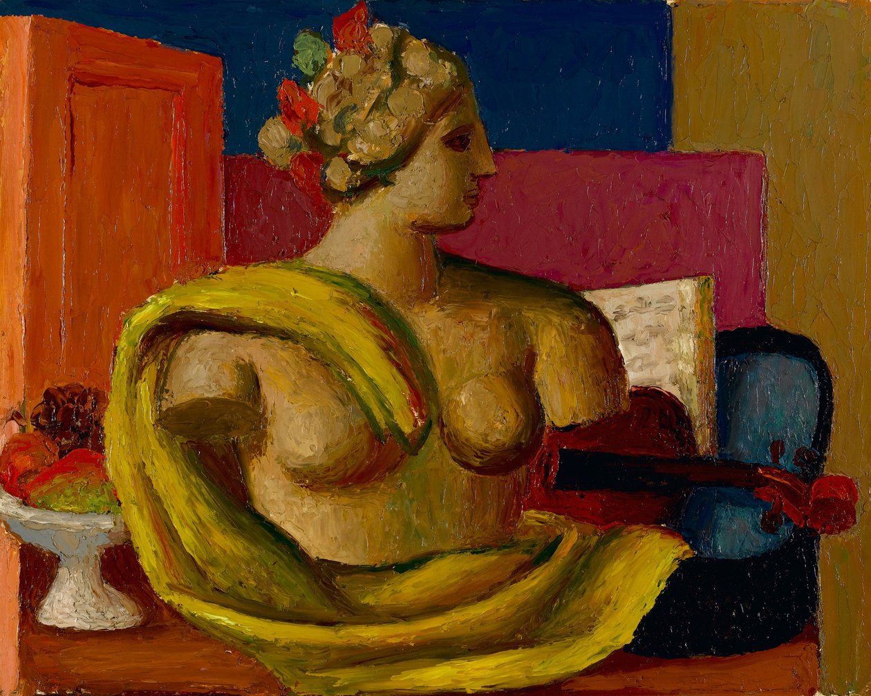 Violin og buste, ca. 1934 (olie på møllebræt) af Mark Gertler