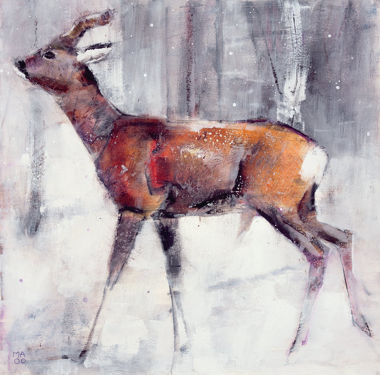 Buck in the snow, 2000 (mixed media på papir) af Mark Adlington