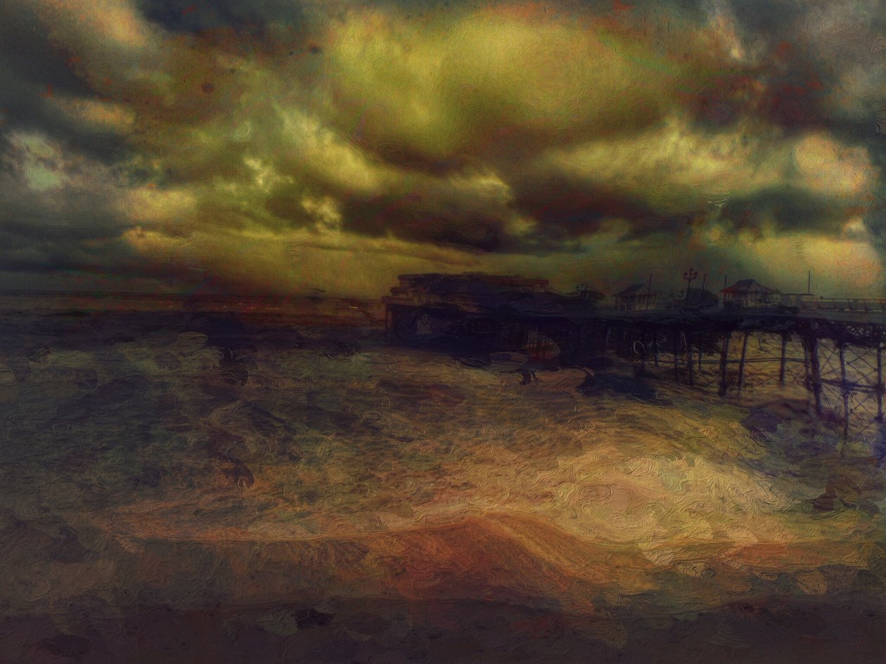 En storm om natten, Cromer Pier, Norfolk (blandede medier) af Mark Gordon